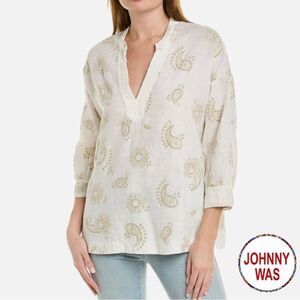 Johnny Was **NWT** Skyler Linen Top In Antique White With Mock Collar